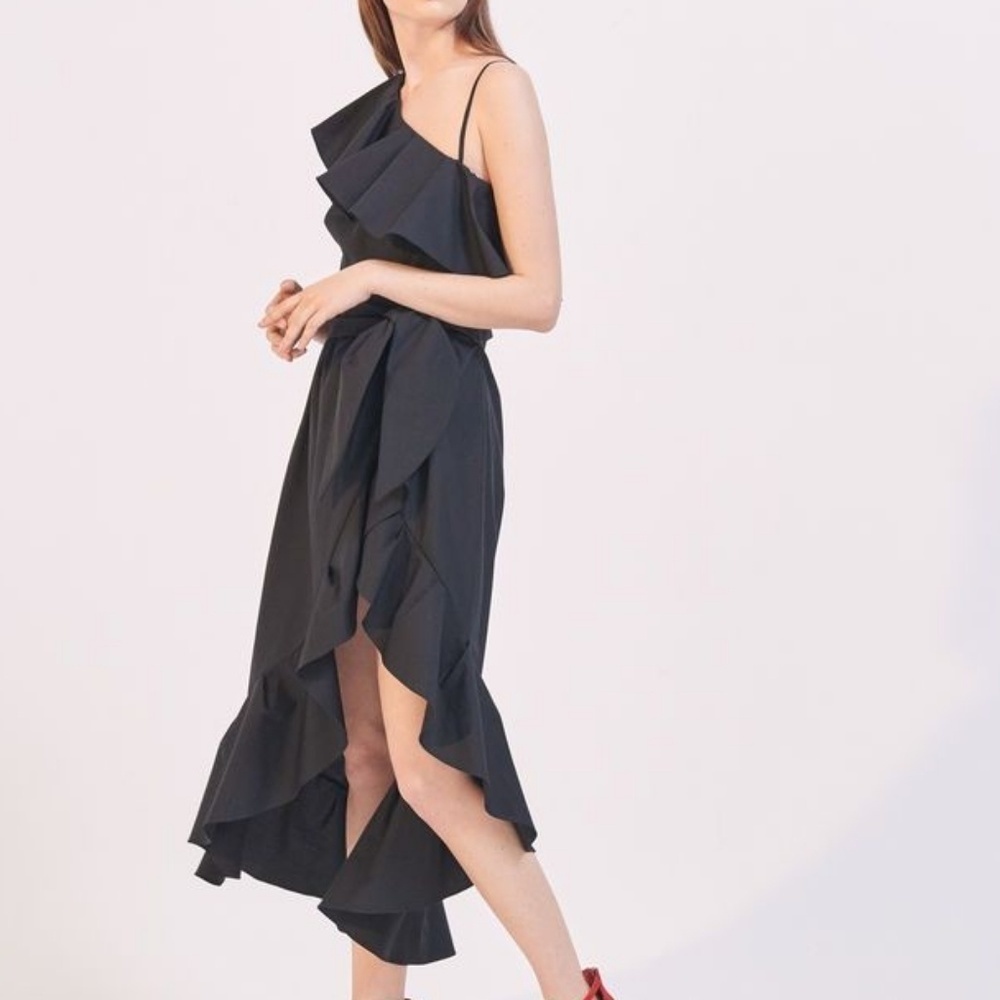 Sandro Paris Dress Ruffle Asymmetrical‎ Midi Sz S